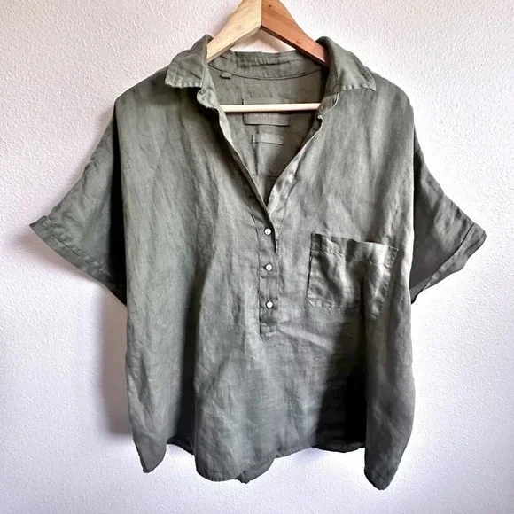 GRAYSON | Olive Green 100% Linen Half Button Tunic Style Top | Size 5, XL - Picture 1 of 7